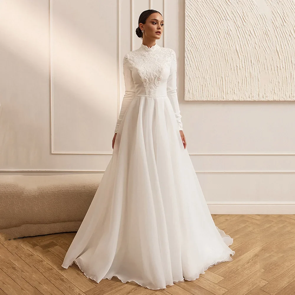 Vintage Wedding Dress High Neck Long Sleeves Beading Applique A Line Organza Bridal Gown Sweep Train Bride Dresses Vestidos