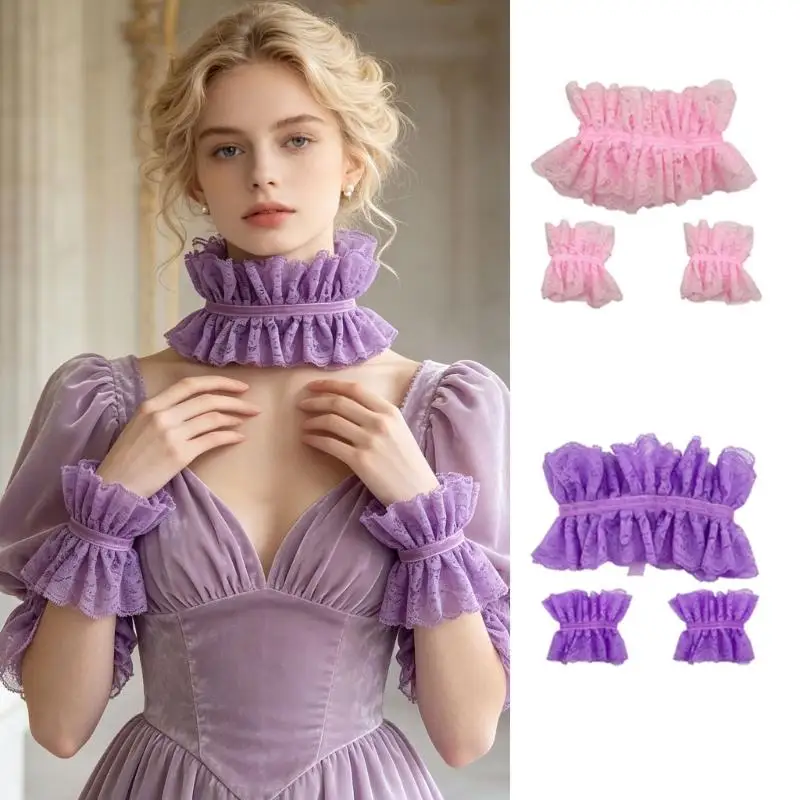 39BD Detachable Neck Collar & Cuffs Set with Layered Lace and Matching Wrist Trim