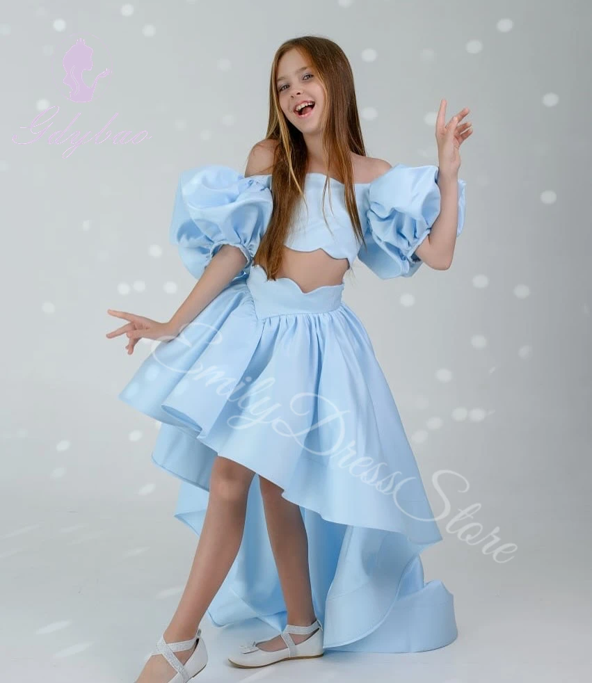 

Небесно-голубое платье с цветочным узором для девочек по индивидуальному заказу на свадьбу, атласное мини-детское бальное платье с короткими рукавами для дня рождения, первого причастия