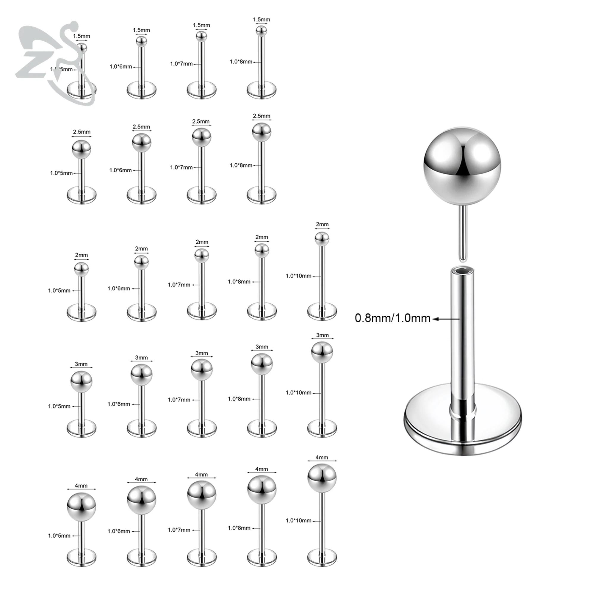 ZS 10 Pcs/lot Plug-In Style 18/20G Stainless Steel Labret Lip Piercing Ball Threadless Cartilage Tragus Helix Piercings 6/8/10MM