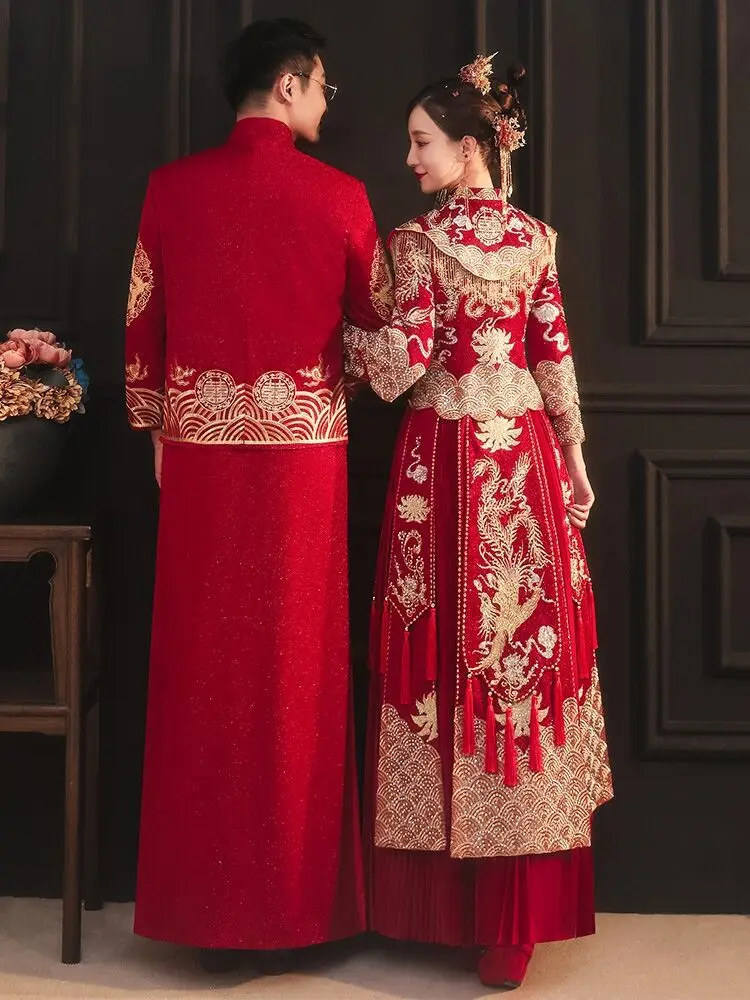 2022 Bride Red Embroidery Qipao Wedding Dress Retro Chinese Style Cheongsam Toast Clothing Size S-2XL
