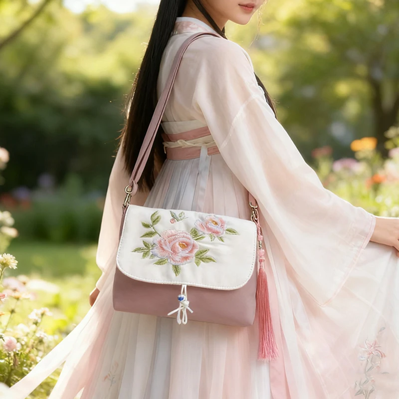 Chinese Artistic Satin Embroidery Bag Retro Cheongsam Hanfu Tassel Pendant Handbag Purse Ancient Style Literary Crossbody Bag