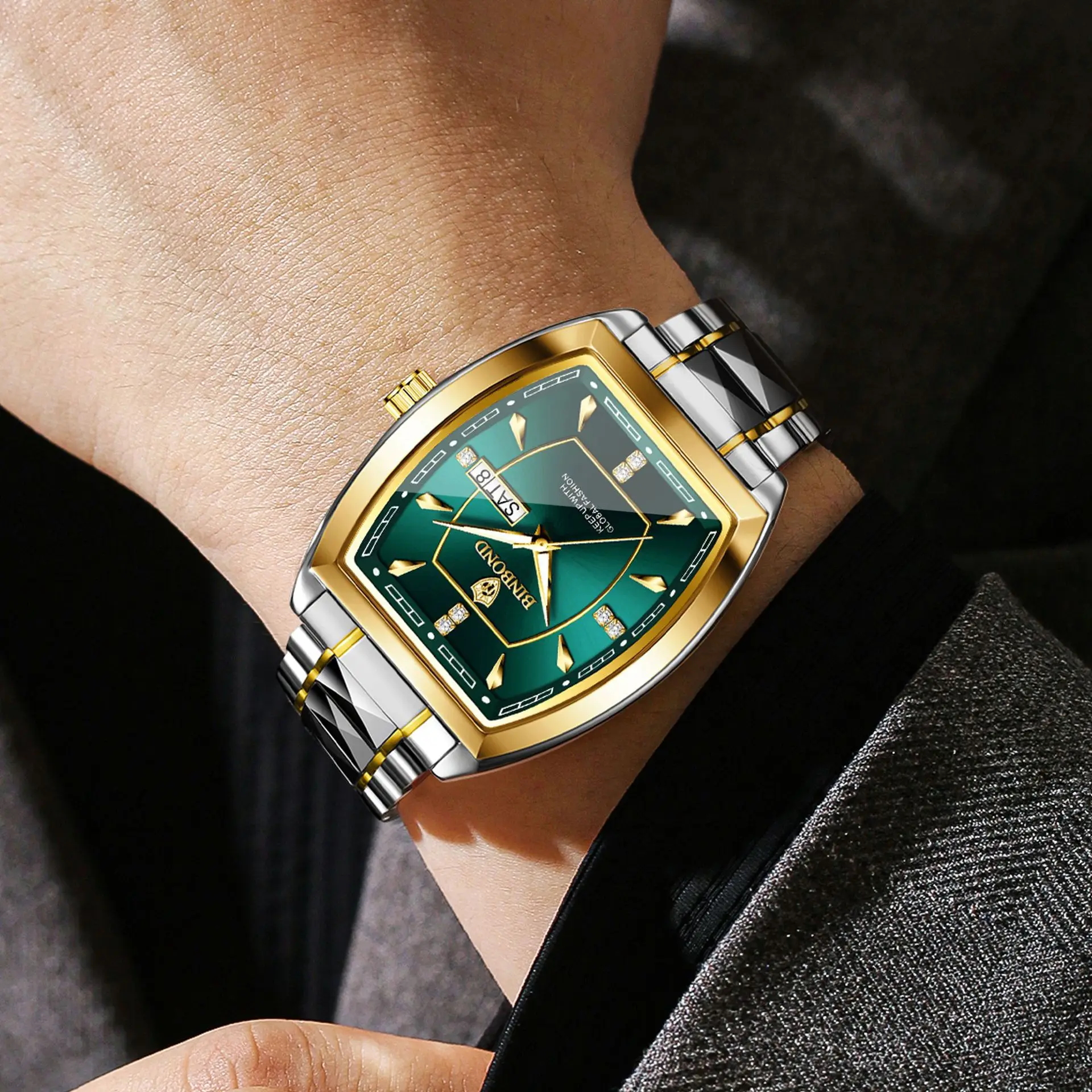 Binbond relógio masculino de luxo de aço inoxidável com pulseira luminosa à prova d'água data e semana relógio de moda masculina relógio de quartzo