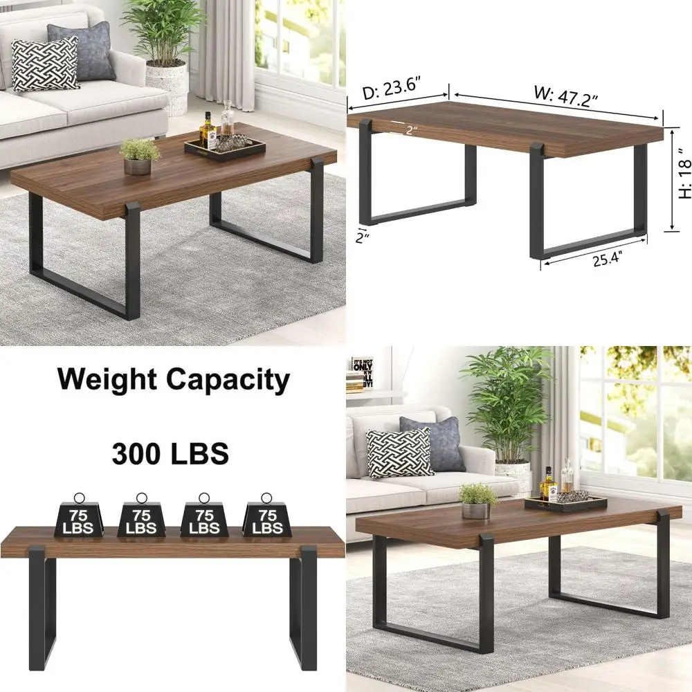 

Industrial Style Rectangular Coffee Table with Rustic Walnut Wood and Metal, Suitable for Living Room Use