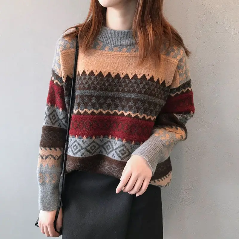 Vintage Argyle Casual Simple Loose Streetwear Outewear Knitted Sweater Women Autumn Winter Thick Long Sleeve Pullovers Clothing