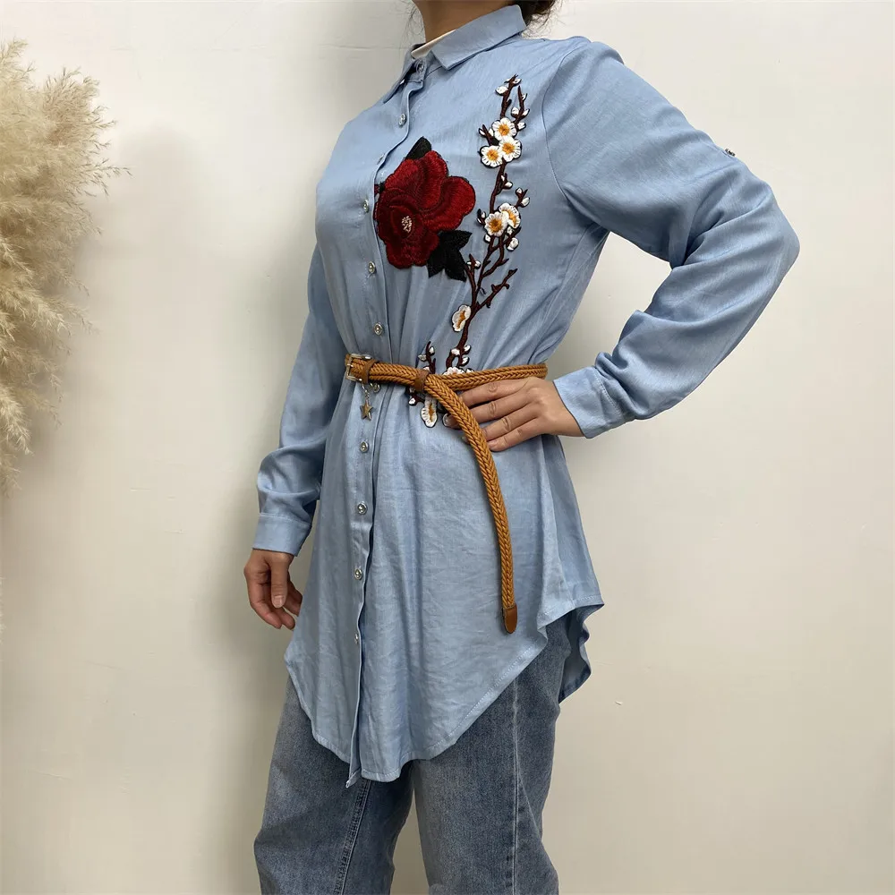 Women Muslim Shirt Fashion Causal Turkey Abaya Islamic Embroidered Polo Collar Long Sleeve Slim Fit Large Size Denim Top Femme