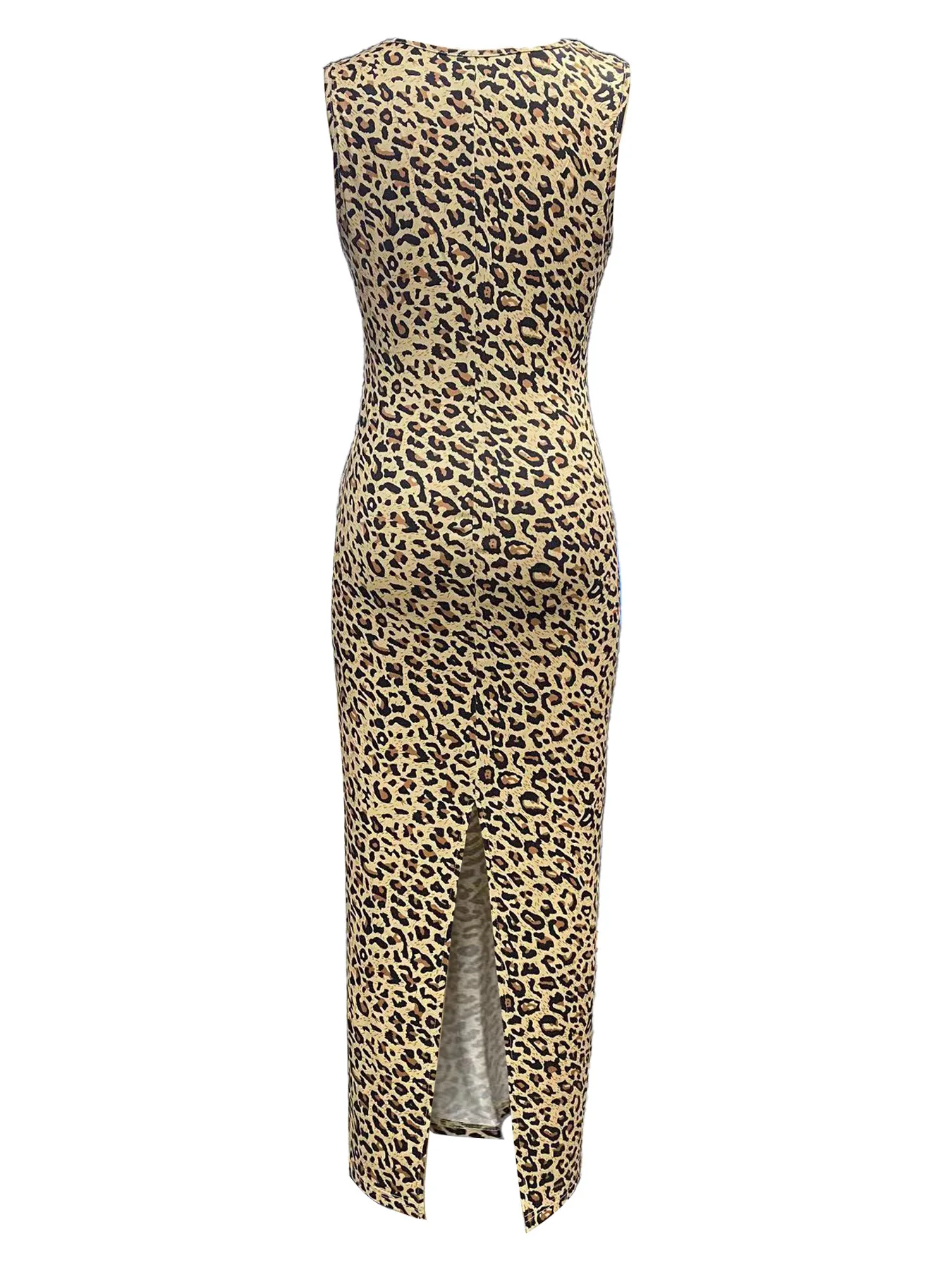 Abito attillato senza maniche lavorato a maglia con stampa leopardata alla moda con scollo tondo a maniche lunghe