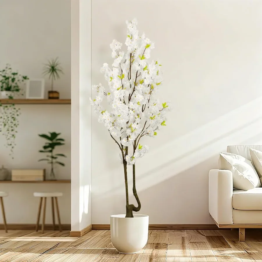 شجرة زهر الكرز الأبيض الصناعي بطول 7 أقدام 84 بوصة نبات اصطناعي ديكور داخلي لحفلات الزفاف وغرفة المعيشة والمكتب والاستخدام الخارجي