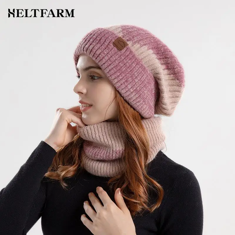 Winter Hat & Scarf Women\'s Two Tone Fashionable Ear Protection Beanie Hat Plush Neck Warmer Scarf Set