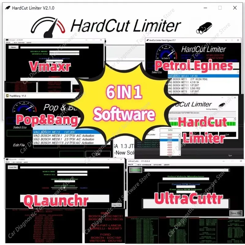 

Комплект программного обеспечения для тюнинга автомобилей HardCut Diesel Limiter + UltraCuttr + Pop&Bang + VMAX + HotStart + QLaunchr ECU 6-в-1