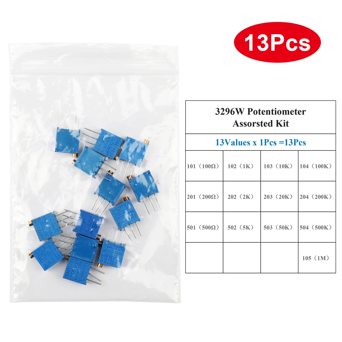 13Pcs 3296W Multi-turn Adjustable Potentiometer 1K 2K 5K 10K 20K 50K 100K 200K 500K 1M 13Values x 1Pcs Assorstment Kit