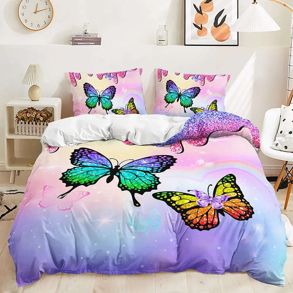 

3pcs 3D Butterfly Bedding Set for Girls Teens - Colorful Glowing Butterflies in Magic Garden Duvet Cover with Pillowcases