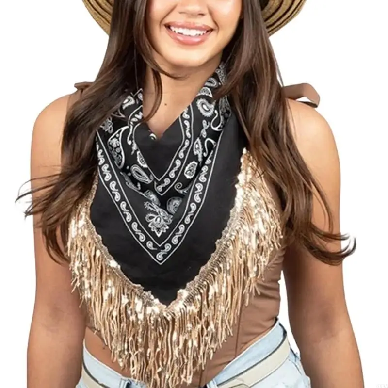 Square Fringe Neck Scarf Patterned Bandana Scarf with Gold Trim for Party Festival Concert and Photo Styling Wear 6XDA