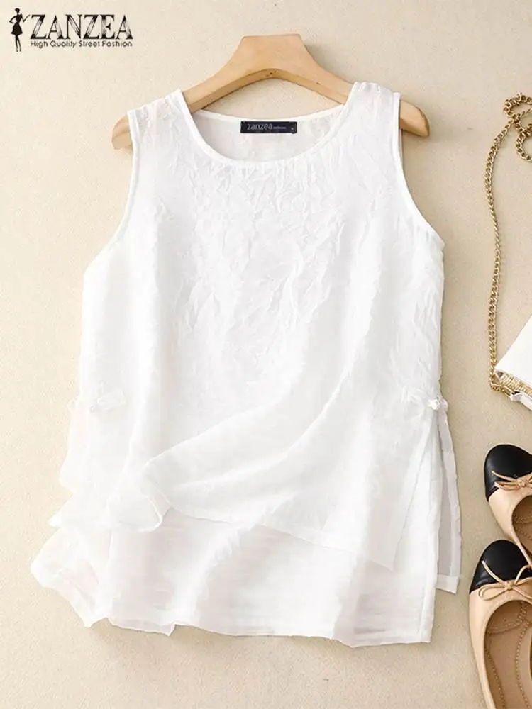 ZANZEA Casual rana bottone fessura Camis donne doppio strato serbatoi moda senza maniche semplici canotte 2024 estate o-collo tuniche