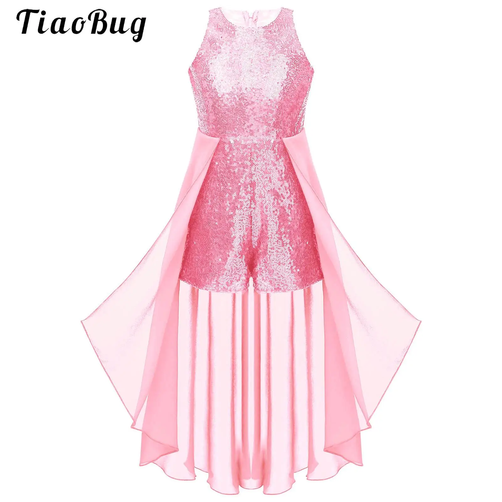 

Flower Girls Sleeveless Maxi Split Skirt Romper Evening Party Dress Kids Sequined Wedding Gown Jumpsuits with Chiffon Overlay