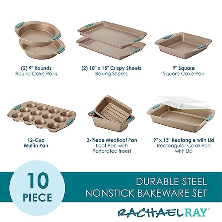 Nonstick Bakeware Set For Home Baking: Latte Brown Aluminum With Agave Blue Silicone Grips, 10-Piece Including Bread Pan