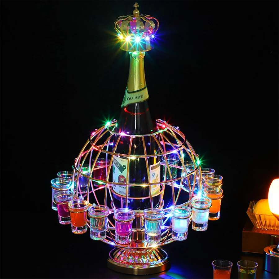 

Metal 18 Holes Globe LED Glass Display Stand Wine Rack cocktail cup holder Shot Glass service Tray For bar Party supplies