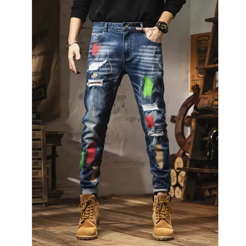 メンズファッション感謝スパッタリング古いジーンズ男性の薄いパンツジーンズ男性服デニム涙ラインストーンだぶだぶの服メンズ