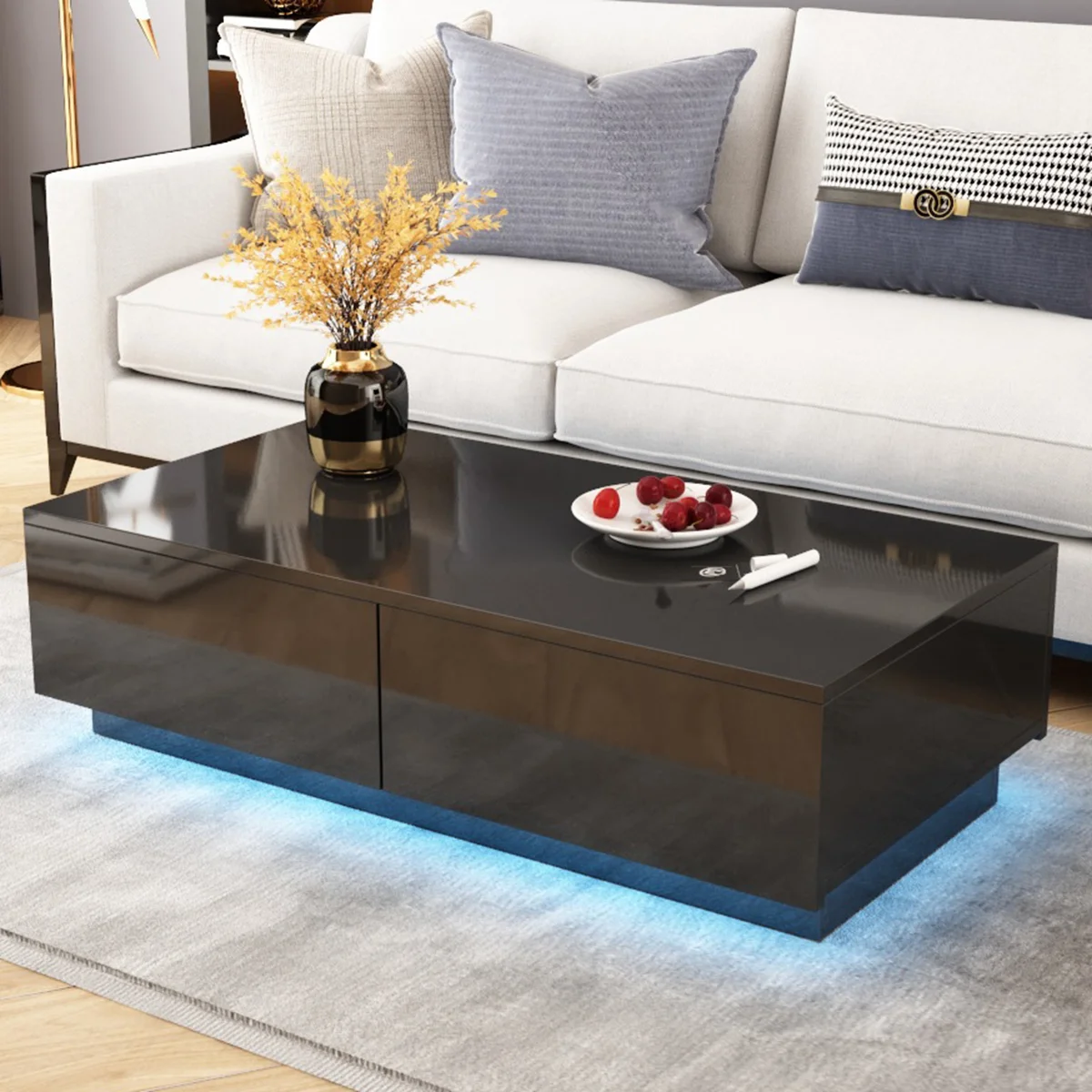 RGB LED Tea Table End Table For Home Office Coffee Table Wooden 4 Drawers Magazine Shelf Sofa Side Table Living Room Furniture