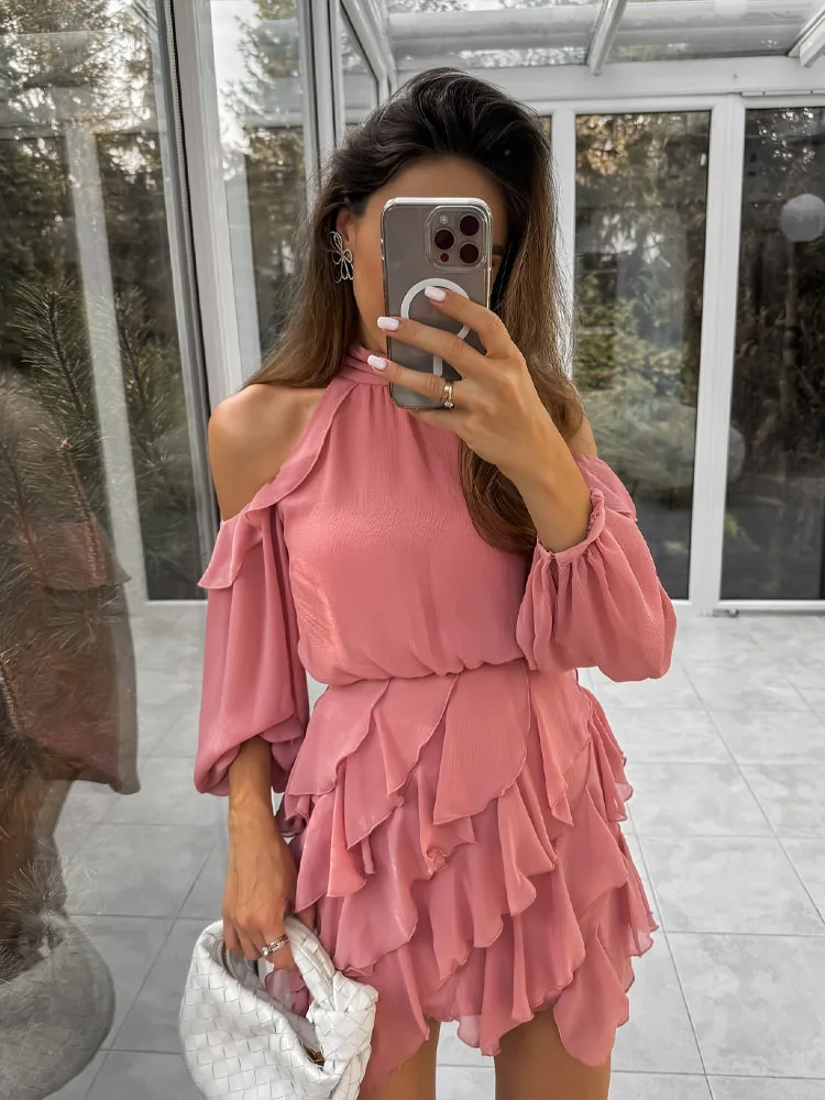 HH TRAF Summer Fashion Woman Solid Side Zipper Beach Mini Dress Women Crop Off Shoulder Folds Decorate Long Sleeve Slim Dress