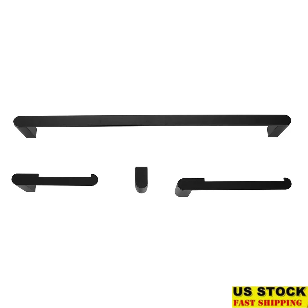 

4-Piece Matte Black Bathroom Hardware Set Towel Bar Ring Robe Hook Toilet Paper Holder Versatile Modern Design Home Decor