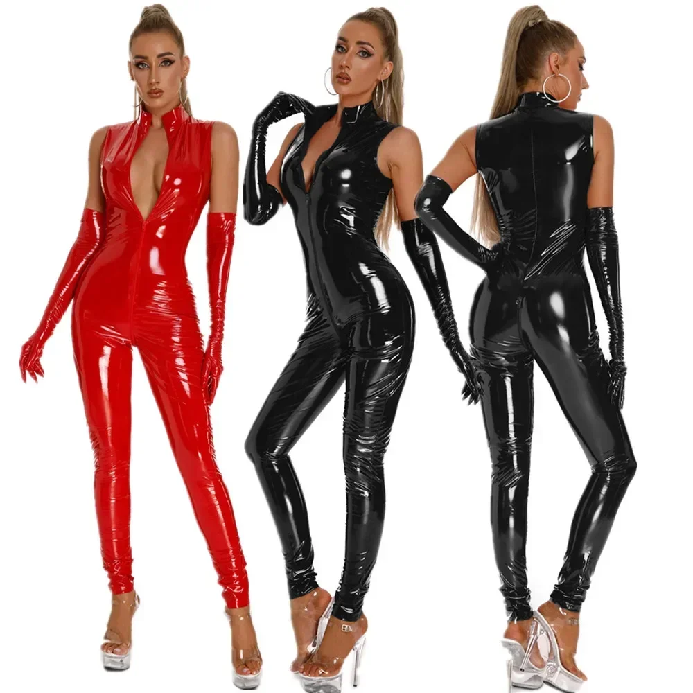 

Role-playing Suit For Sexy Women Shiny Faux Leather Bodysuits PVC Catsuit Front Zipper Open Crotch Jumpsuit
