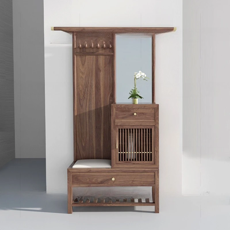 Nuovo mobile da ingresso cinese con porta in legno di noce nera, cambio scarpe in legno massello, vestiti e cappelli multifunzionali