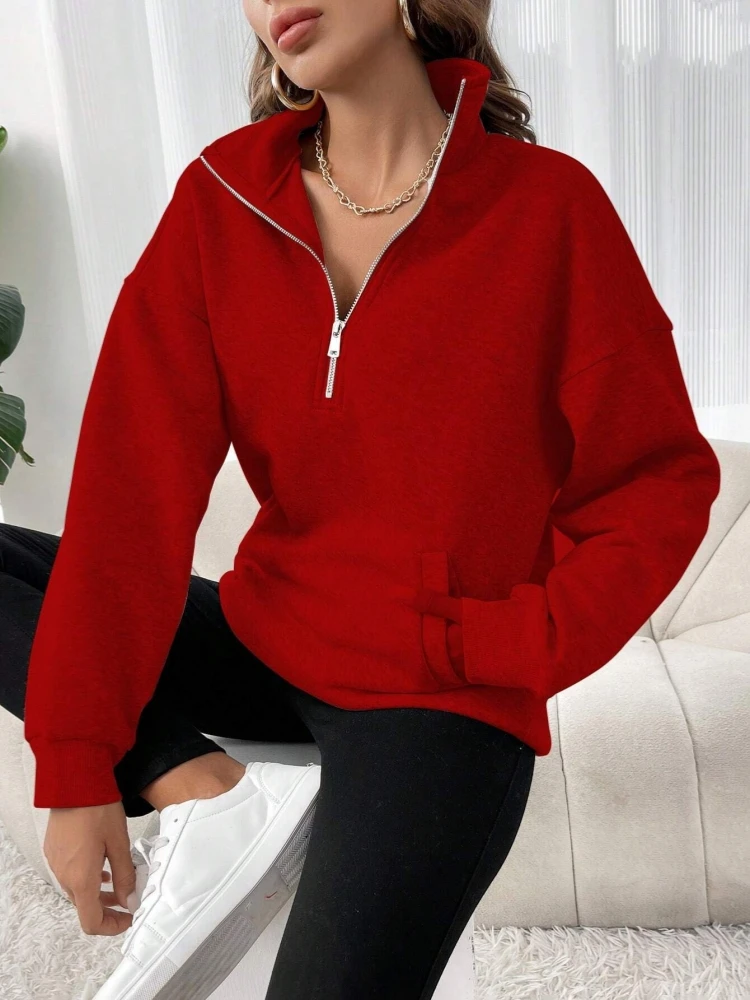 Women Turn-down Collar Grey Long Sleeves Loose Hoodie Half Zip Pockets Spring Warm Cotton Pullover Black Sweatshirts Hoody Women