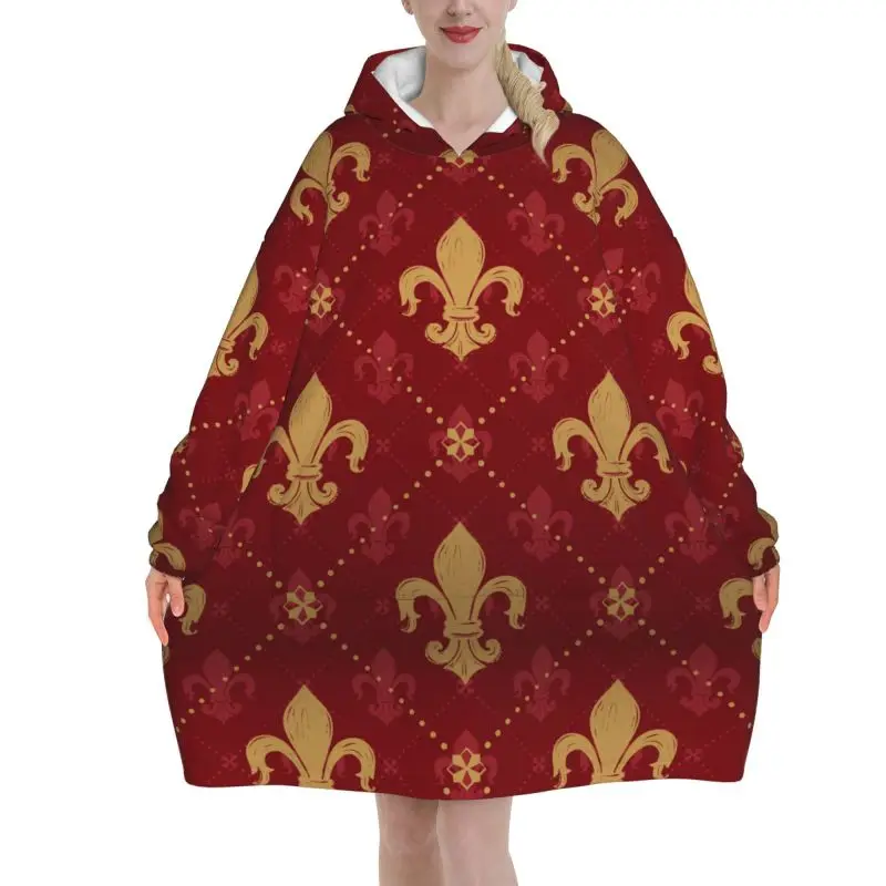 French Red Fleur De Lis Heraldic Blanket Hoodie Women Wearable Pullover Sweatshirt Oversized Fleece Hooded Blanket