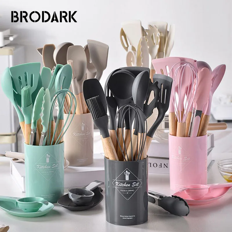 12set, Wooden Handle Silicone Kitchenware Set, Kitchen Baking Cooking Tools Set High Temperature Resistant Non-stick Pot Special