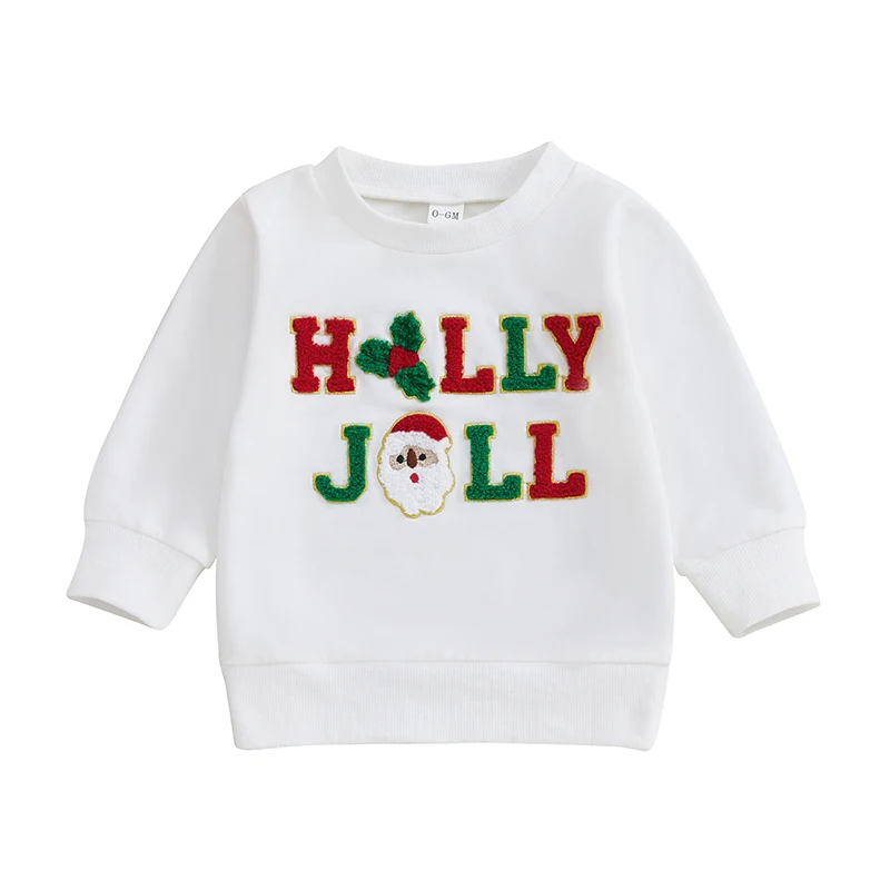 Baby Christmas Sweatshirts Santa Holly Leaf Embroidery Long Sleeve Pullovers Toddler Winter Tops