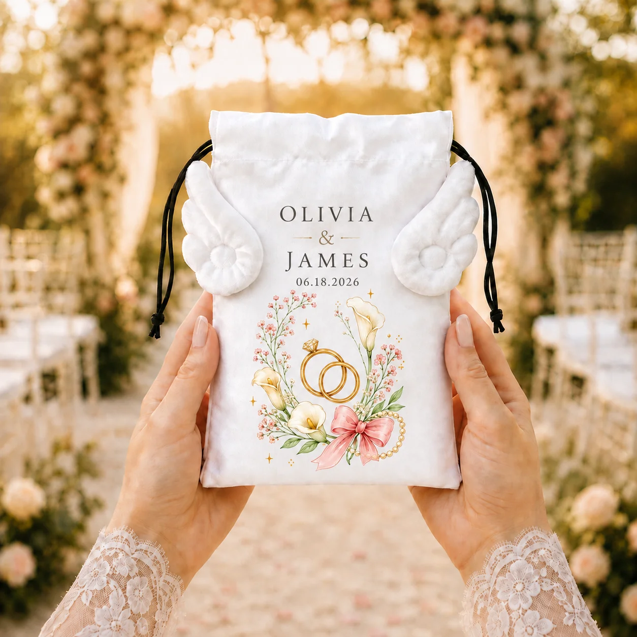 Personalized Angel Wing Wedding Drawstring Bag Custom Name Date Print Bridal Theme Pattern Wedding Favor Gift Pouch Storage Sack