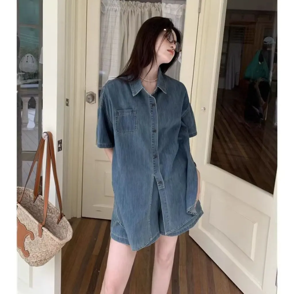 

Элегантный джинсовый комплект из двух предметов, тонкие шорты с высокой талией и летним дизайном, повседневный женский модный наряд в ленивом стиле