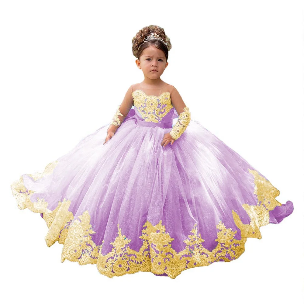 Blumenmädchenkleider mit goldener Spitze und Applikation für die Hochzeit, volle Ärmel, Prinzessin-Erstkommunionkleid, langes Geburtstagsparty-Kleid für Kleinkinder