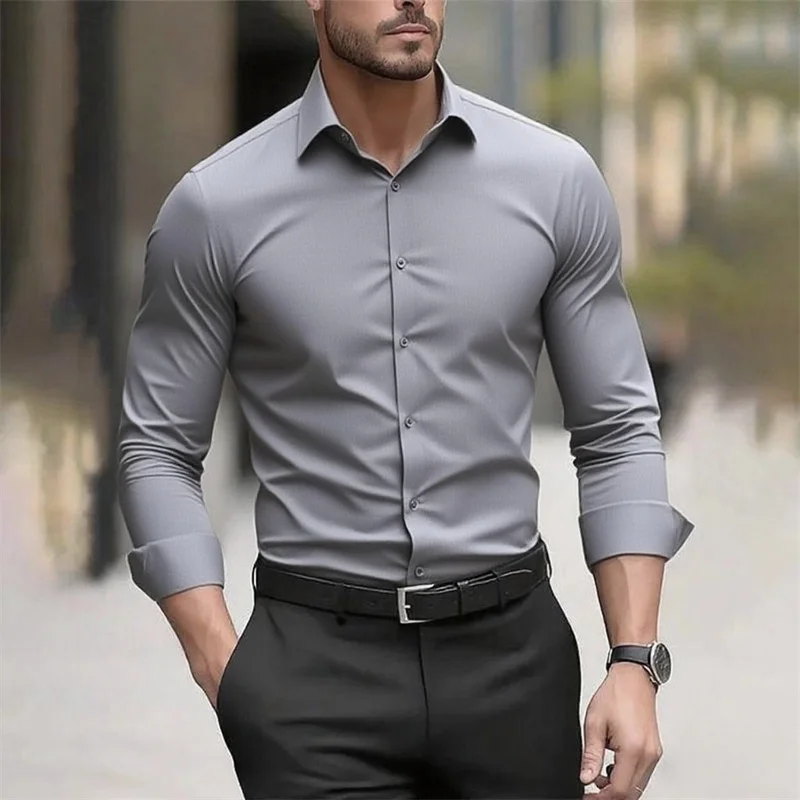 Effen herenoverhemd, casual wit overhemd, hoogwaardige effen kleur stretchstof met lange mouwen, zakelijk formeel overhemd, XS-6XL
