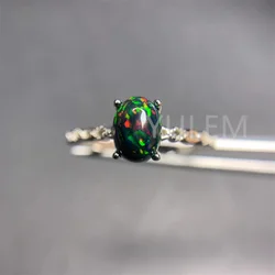 YULEM Simple Black Opal Silver Ring 6mm*8mm Africa Black Opal Ring for Daily Wear Solid 925 Silver Natural Opal Jewelry