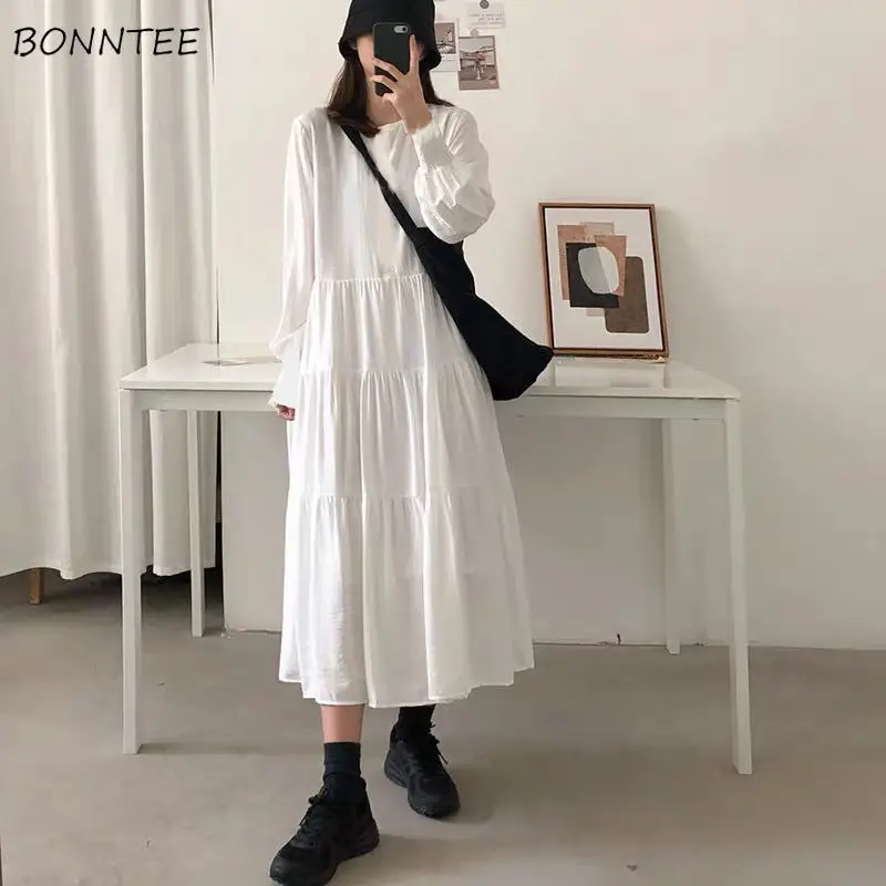 4xl Langarm Kleider Frauen lose koreanische Mode Temperament weibliche schöne Midi-Kleid