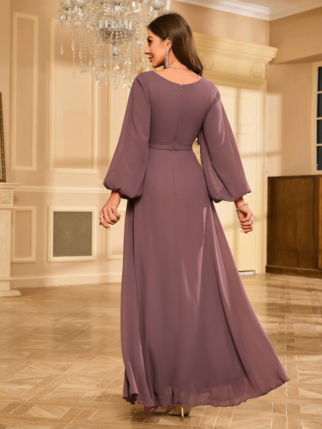UNITHORSE  Elegant V-neck lantern sleeve sequin embellished chiffon evening gown dress for women