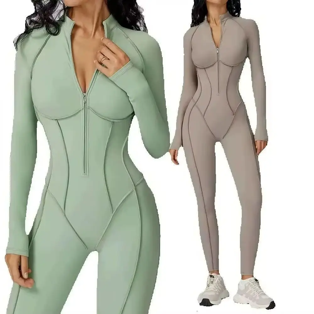 

Комплект для йоги, женский спортивный костюм, комбинезоны на молнии с длинными рукавами, цельный костюм, спортивная одежда с эффектом пуш-ап, тренировочная одежда, боди для фитнеса, спортивная одежда