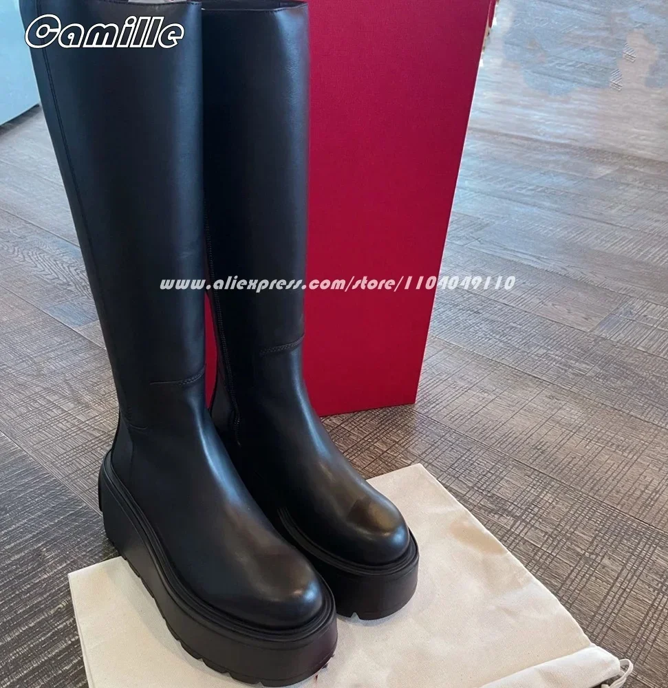 Black Metal Rivet Wedges Slip On Modren Boots Autumn New All-Match Casual Mid Calf Boots Round Toe Platform Lady Grace Boots
