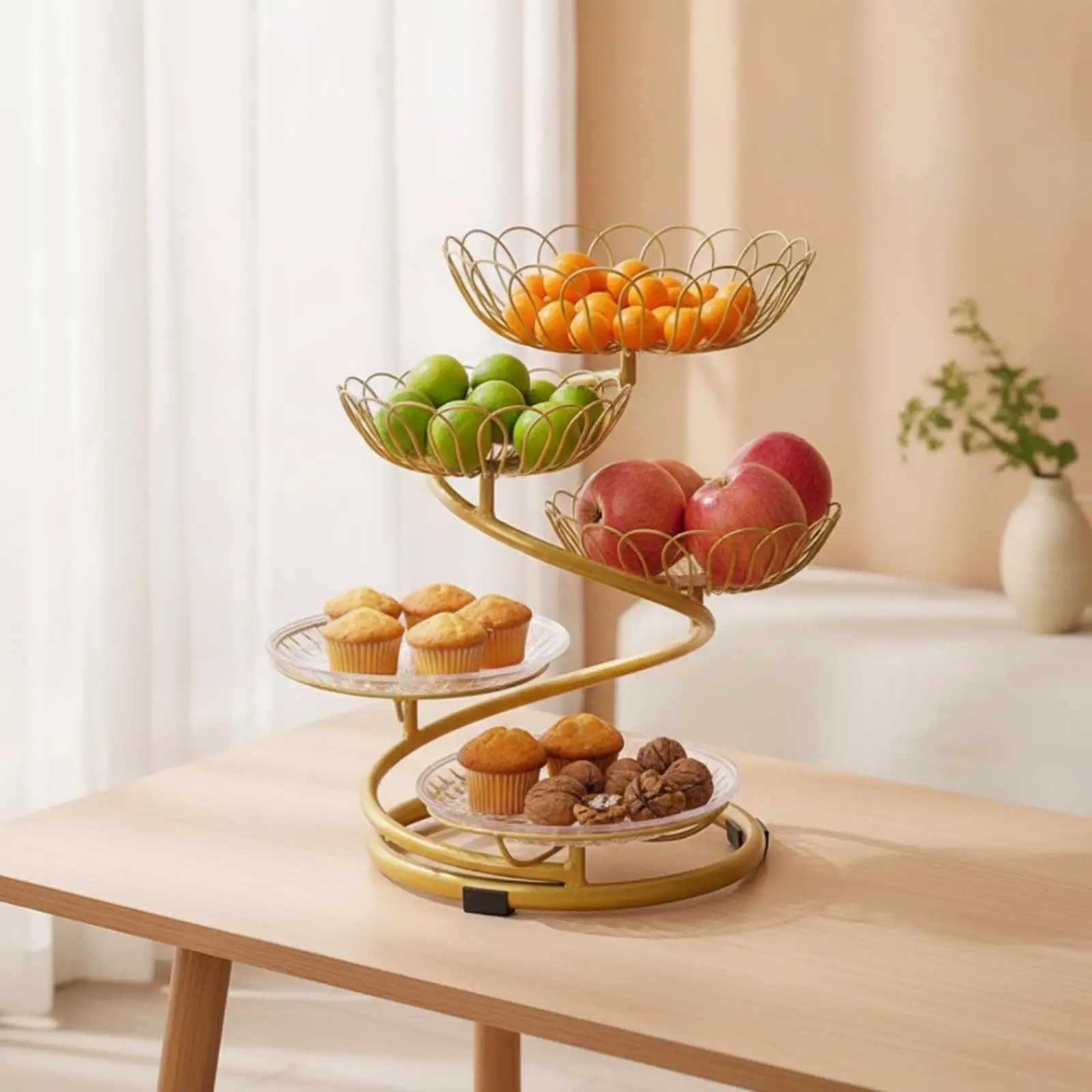 Multi Tier Industrial Basket Stand for Fresh Produce Wrought Iron Spiral Frame with Cut Glass Bowls for Tea Party