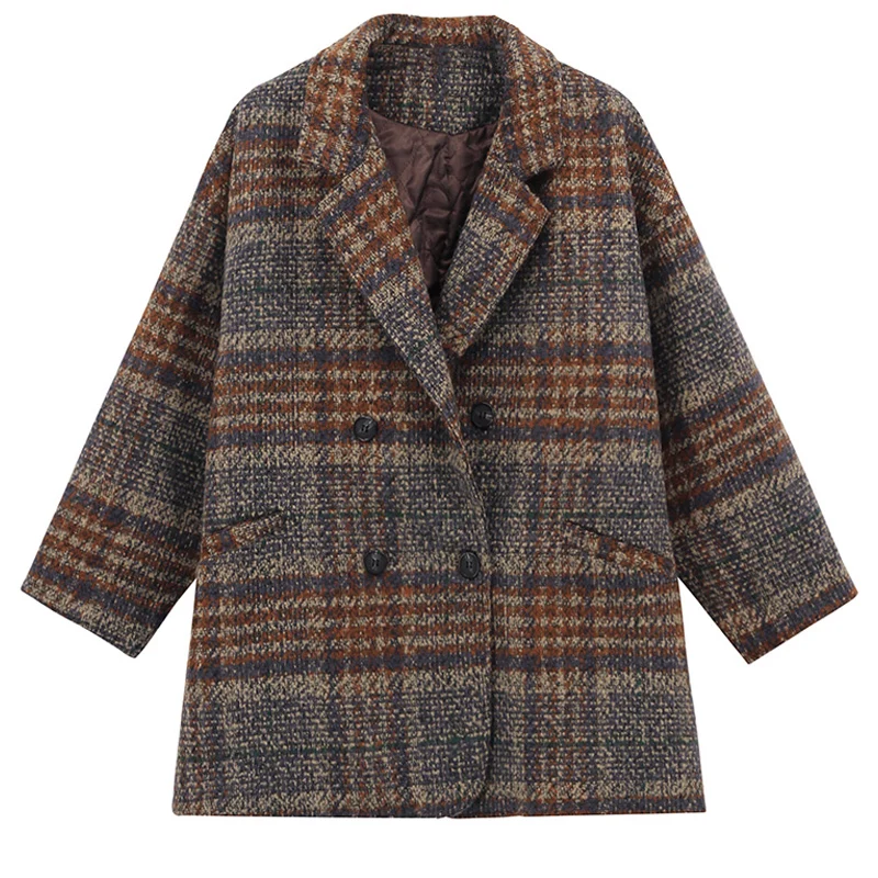 

Women's Woolen Coat Medium Length Thiened Loose ort Top Buttoned Korean Sle Commute Winter Faion Plaid Design