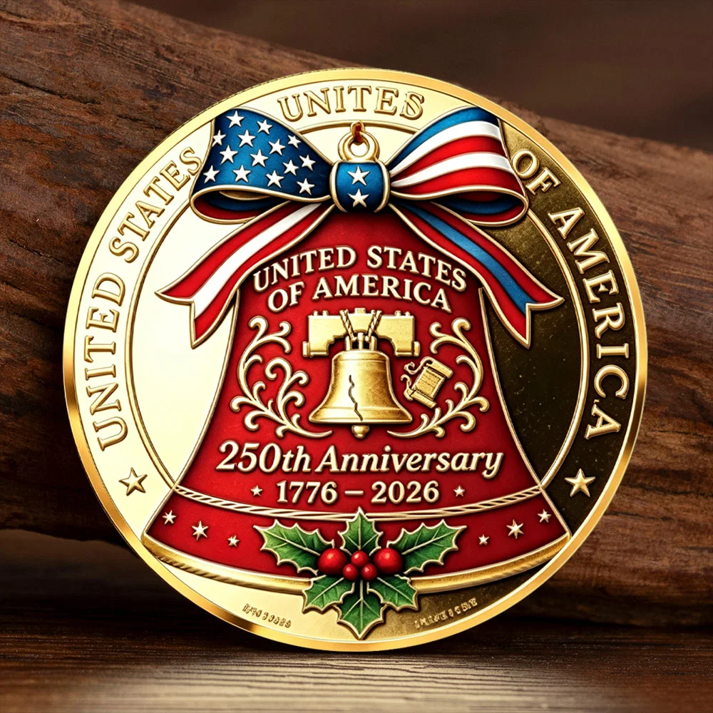 2D US 250th Anniversary 1776-2026 Liberty Bell Gold Plated Collectible Coin American Flag Bowknot Patriotic Souvenir Coin Gift