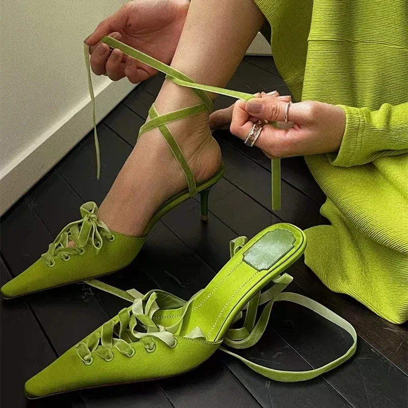 2026 New Kitten Heels Pointed Toe Shoes Ankle Strap Green Satin High-Heeled Sandals Strap Fashion Sexy Catwalk Women's Shoes view 3