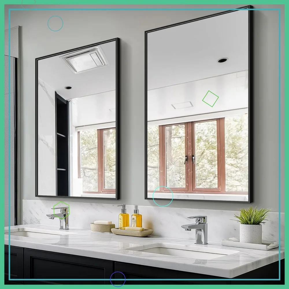 2팩 36x24인치 금속 프레임 욕실 거울, 깨지지 않는 유리, 검정색으로 가로 또는 세로로 걸 수 있음