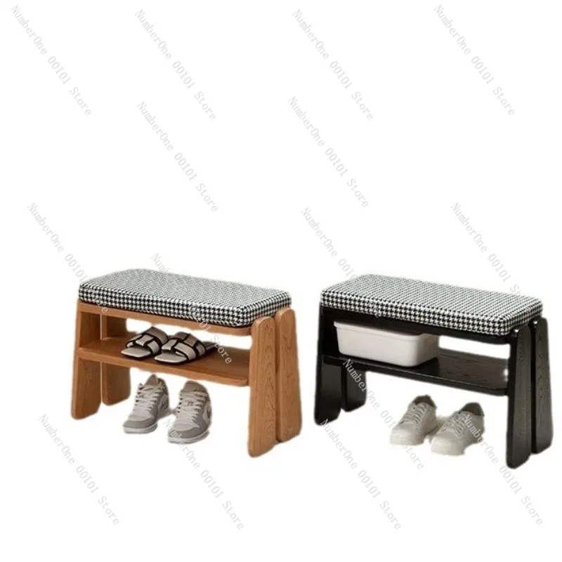 

Elegant Solid Wood Shoe Changing Bench for Home Entryway Low Stool with Soft Upholstered Cushion Integrated Shoe Rack Double
