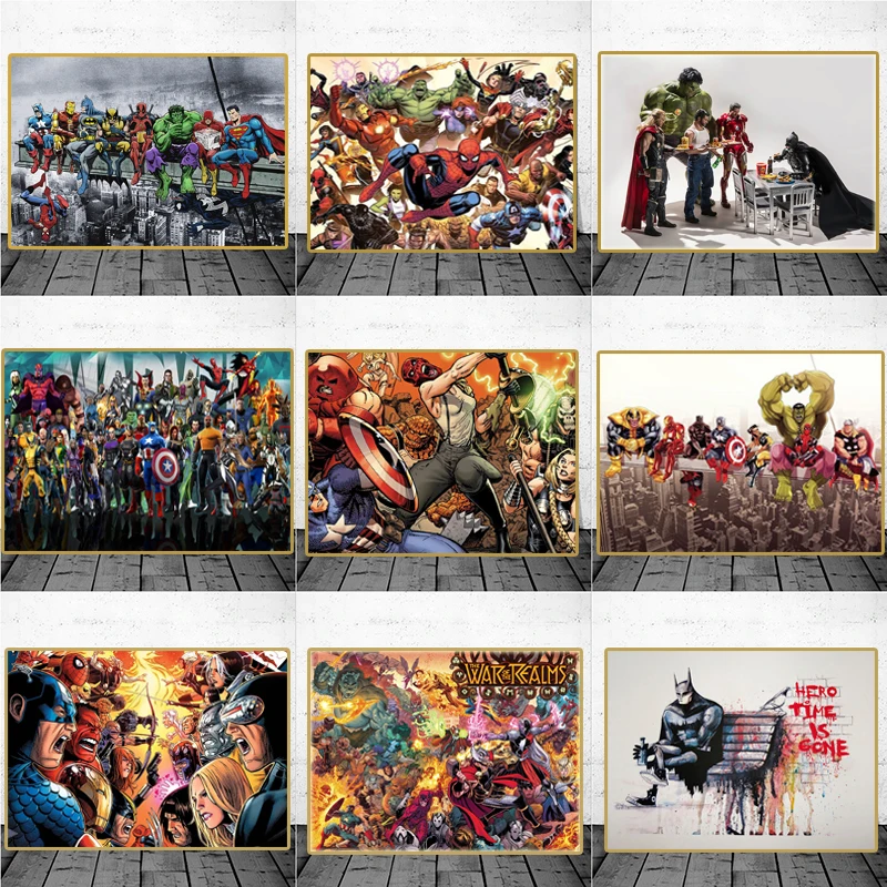 Marvel Avengers Graffiti Poster Comics Superhero Lunch Atop A Skyscraper Funny Movie Canvas Painting for Living Office Decor