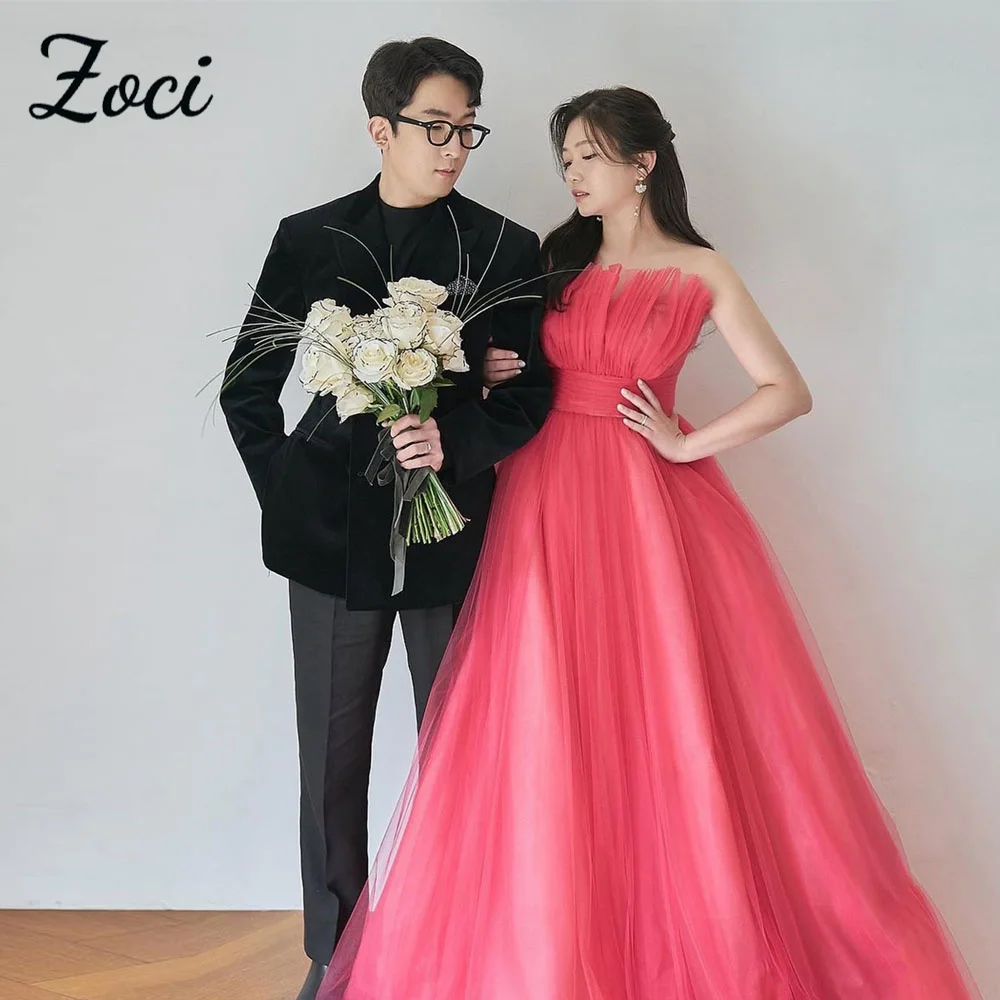 

Zoci Fairy Tulle Korea Evening Dresses Scalloped Ruffles A Line Wedding Party Dress Customized Rose Pink Backless Bride Dresses