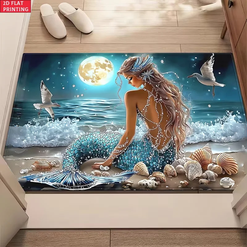 Moonlit Beach Mermaid Seaside Door Mat Non Slip Soft Floor Rug Fantasy Ocean Mermaid Seascape Print Entrance Carpet