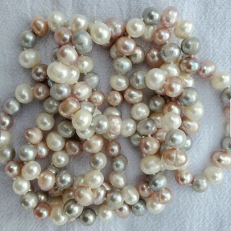 

48" Gray, Pink and white Color Freshwater Cultured Pearl Necklace 7-8mm